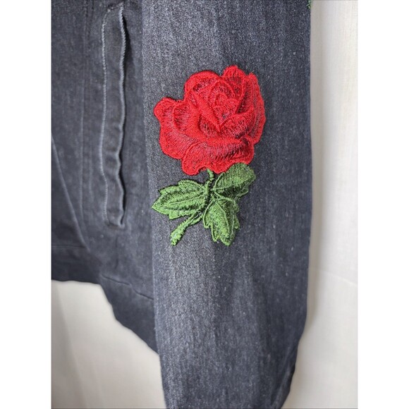 HAODUOYI Women’s XL Black Denim Jacket Embroidered Roses - Picture 3 of 16